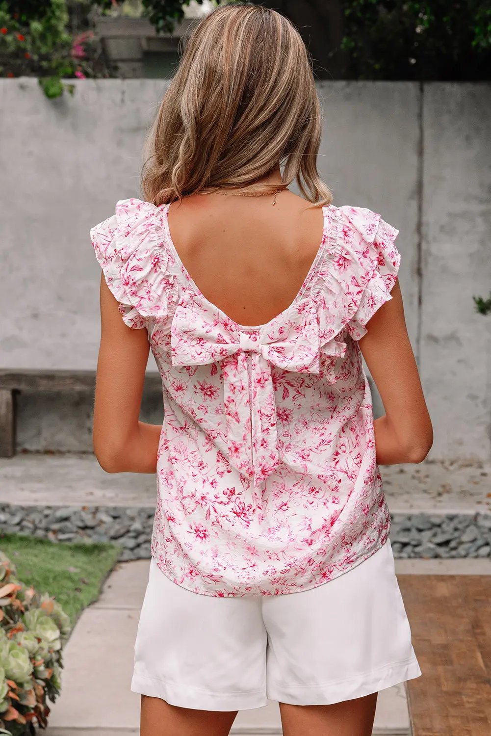 Pink Floral Ruffled Short Sleeve Bow Back Square Neck Blouse Love Salve